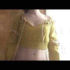 V Neck Tie Crop Top with Pom Poms